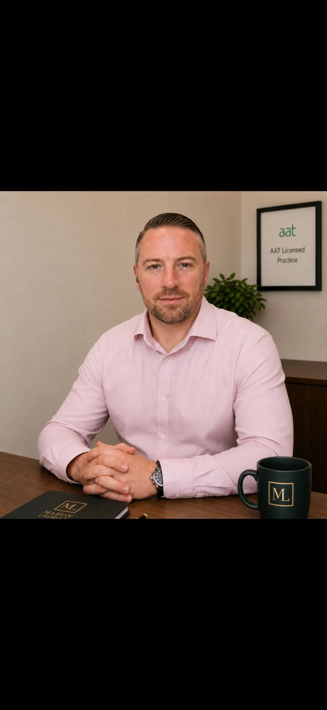 Robert Mabon at his desk with an AAT Licensed Practice sign